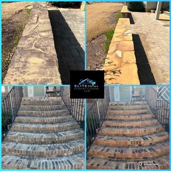 Before and after pressure washing showing a stone wall and brick steps.