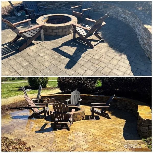 Two views of a patio with a fire pit surrounded by Adirondack chairs, sunny day.