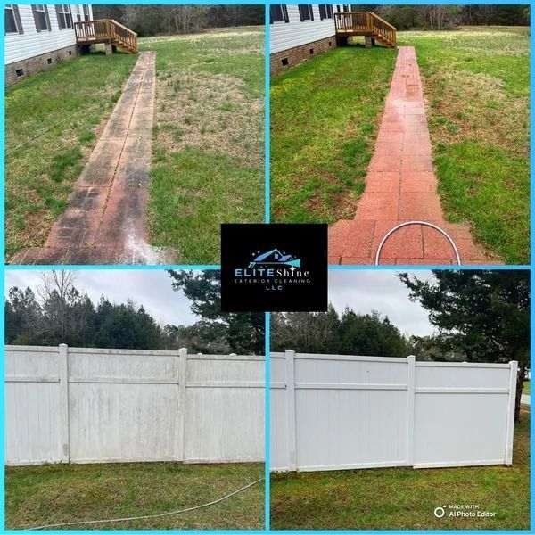 Before and after pressure washing: brick walkway and white fence.