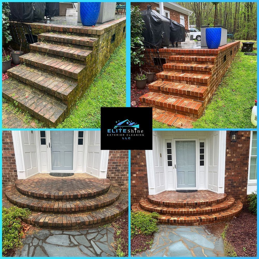 Before and after photos of brick stairs and a porch being pressure washed, showing significant cleaning results.