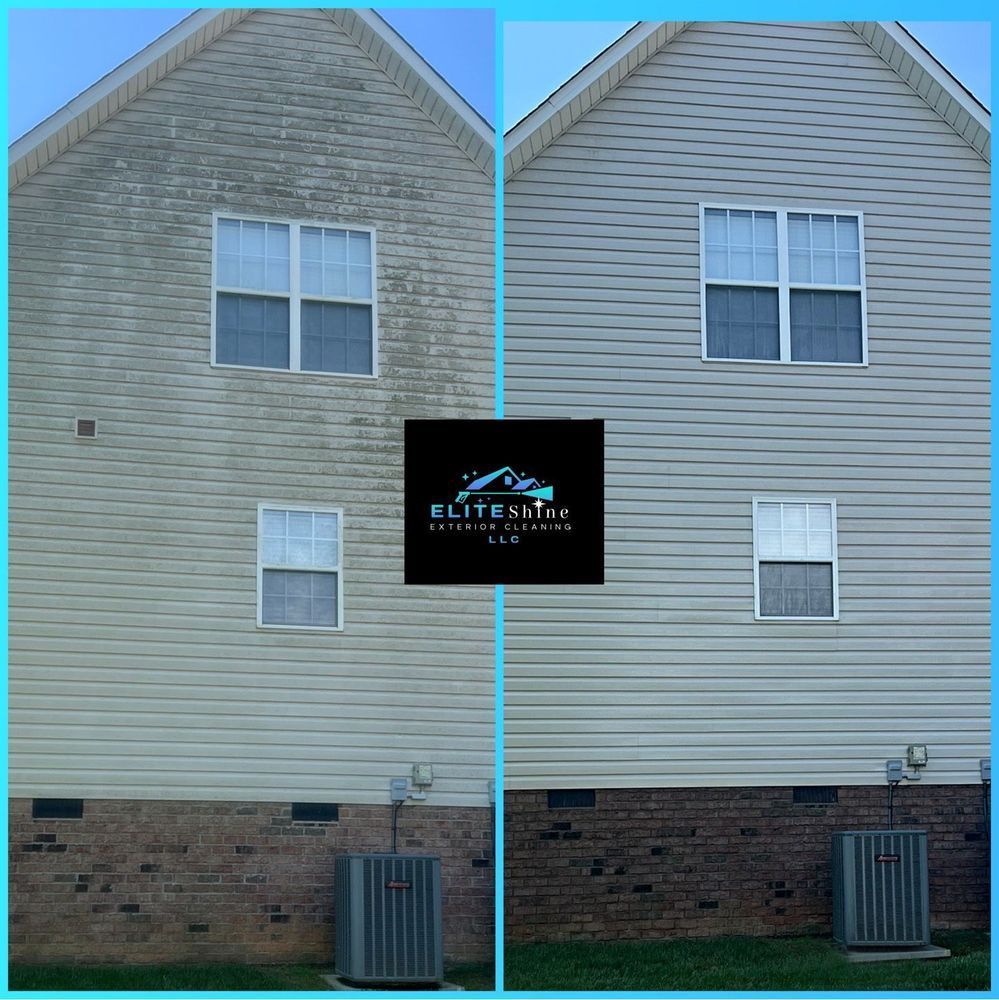Before and after comparison of house siding cleaning.