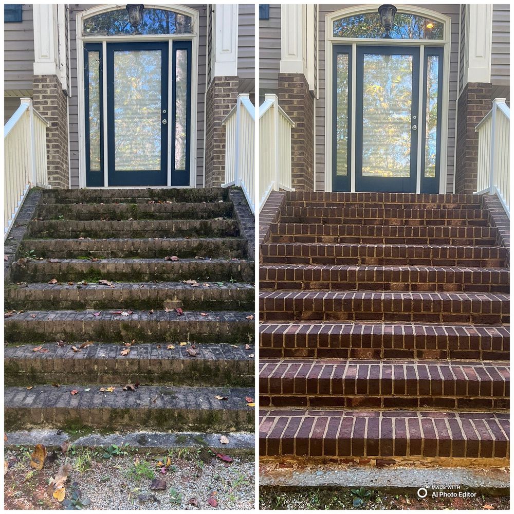 Before and after of a brick staircase cleaning. The before shows dark steps with moss, the after shows clean brick steps.