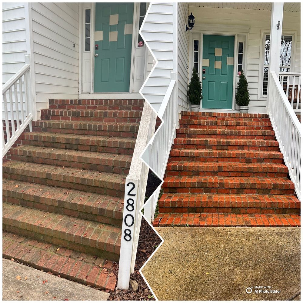 Before and after of brick steps and entry of a house after cleaning. The steps are now bright red.