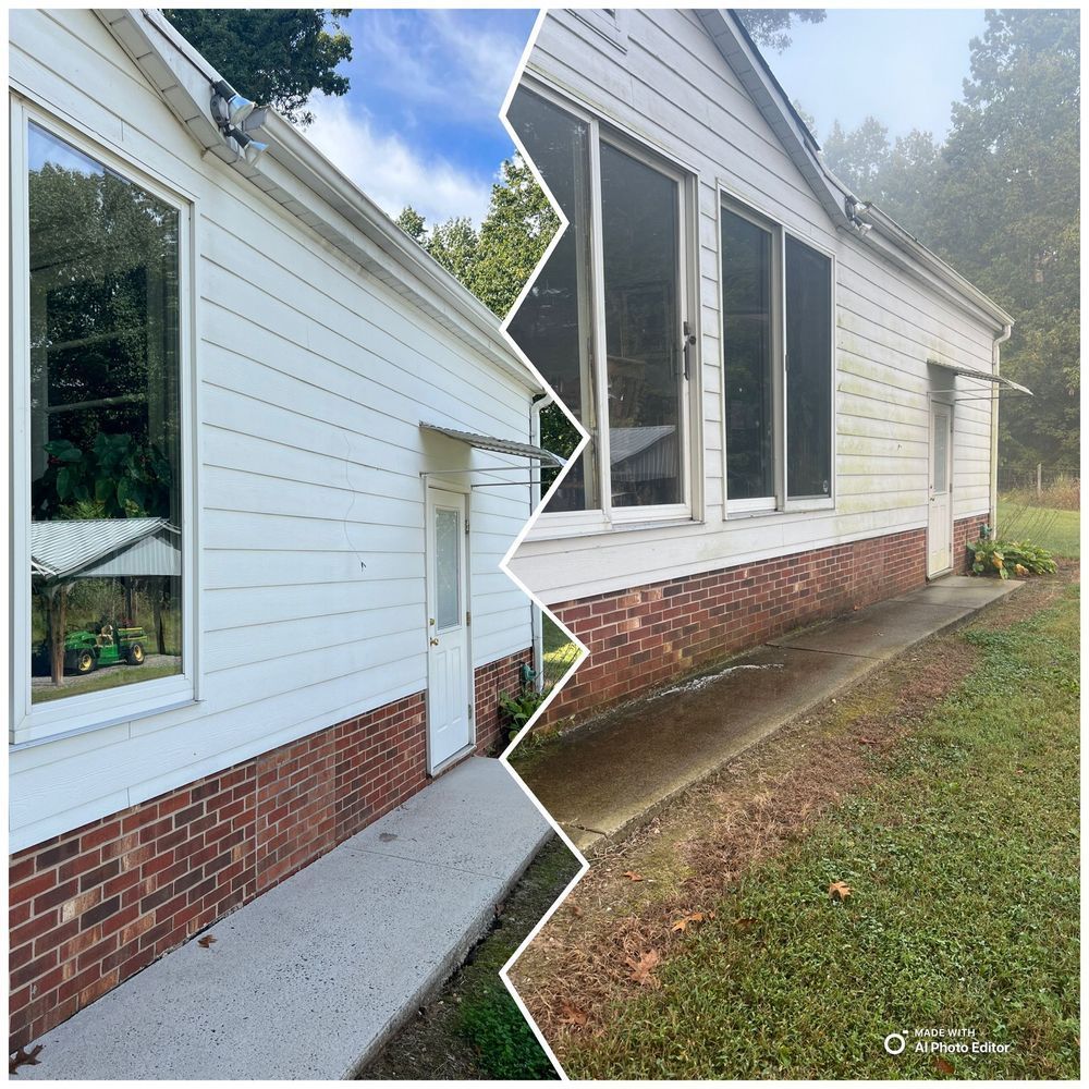 Side-by-side view of a white building with brick base, walkway.  One side clean; the other side dirty.