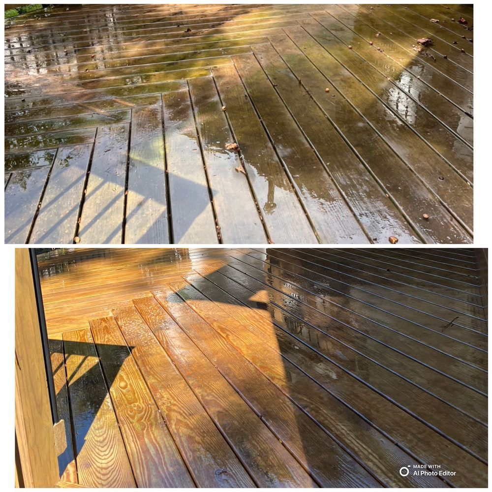 Before and after view of a wooden deck, showing the effect of cleaning, with wet wood and sunlight.