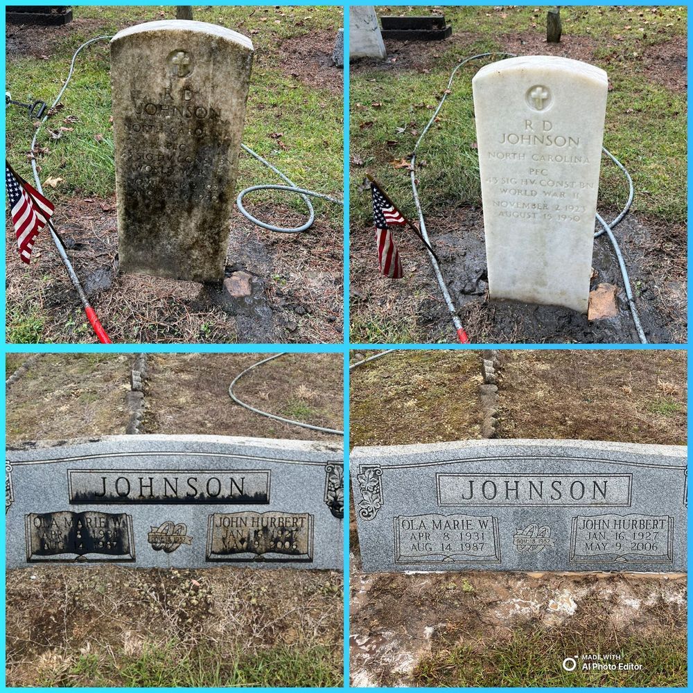Gravestone cleaning: top left shows a dirty stone, top right a cleaned stone. Bottom shows before/after of a flat stone.