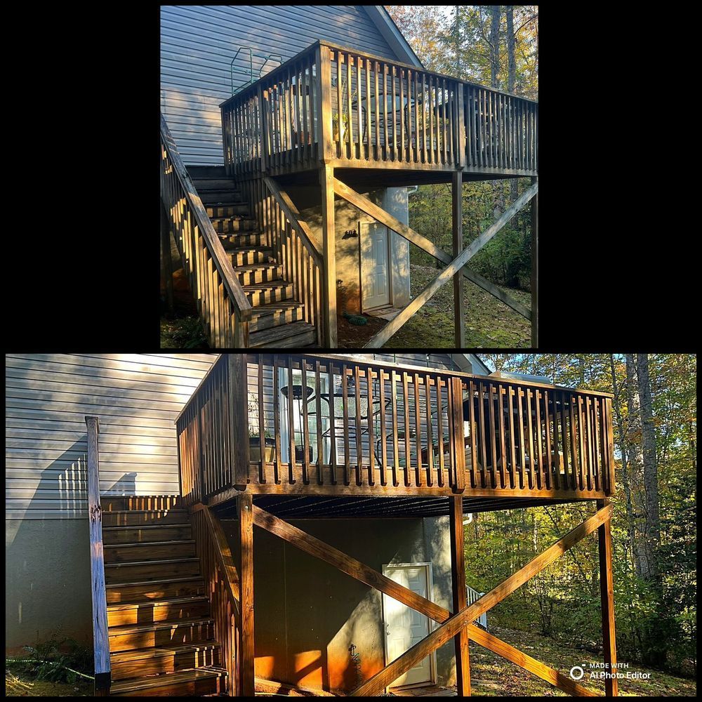 Comparison of a wooden deck before (top) and after (bottom) staining. Includes stairs and support beams.