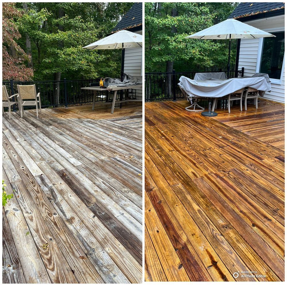 Before and after of a wooden deck. Left side is weathered, right side is clean and stained. Backyard setting.