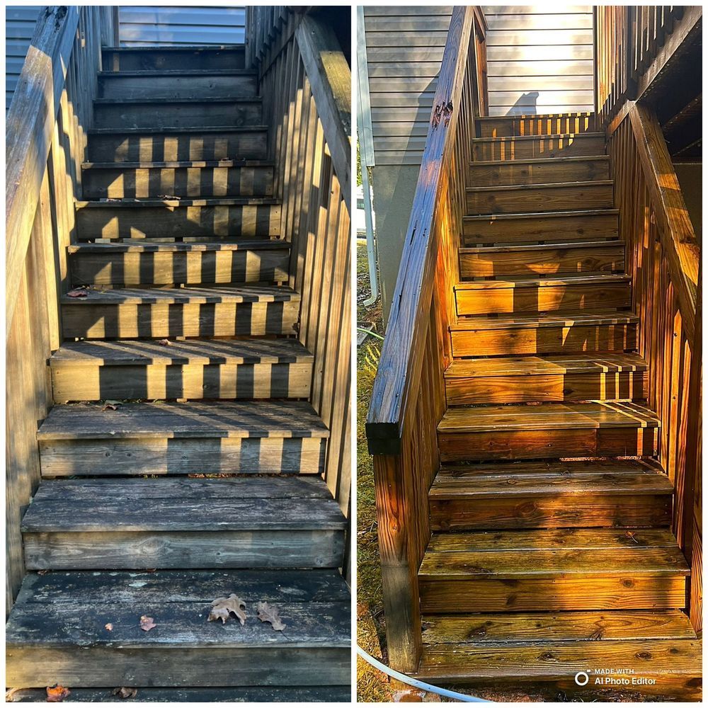 Before and after view of wooden outdoor stairs, cleaned with visible grime removed.