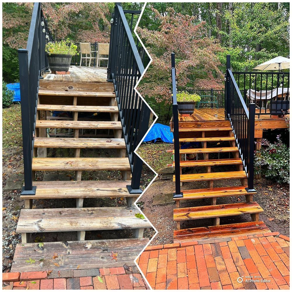 Before and after view of wooden outdoor stairs. Left side: weathered. Right side: cleaned and stained.