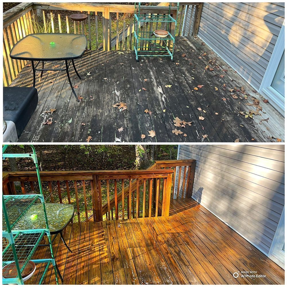 Before-and-after of a wooden deck. Top: weathered and dirty. Bottom: cleaned, stained, and refreshed.