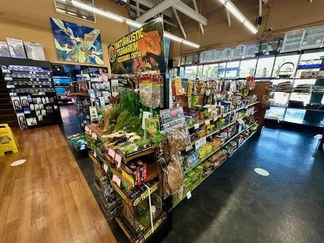 Inside a pet store: shelves filled with pet supplies, a central display, and windows with natural light.