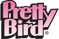 Logo for Pretty Bird brand in pink and white text with a black outline.