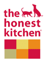 Logo for The Honest Kitchen: red text, cat and dog silhouettes, color block of red, gold, orange, and green.