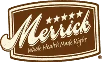 Merrick pet food logo: brown and cream with text and stars.