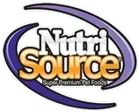 NutriSource pet food logo in purple and gold within a curved oval.