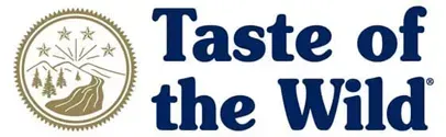 Logo for Taste of the Wild pet food: a circular emblem with mountains, stars, and a flowing river; text 