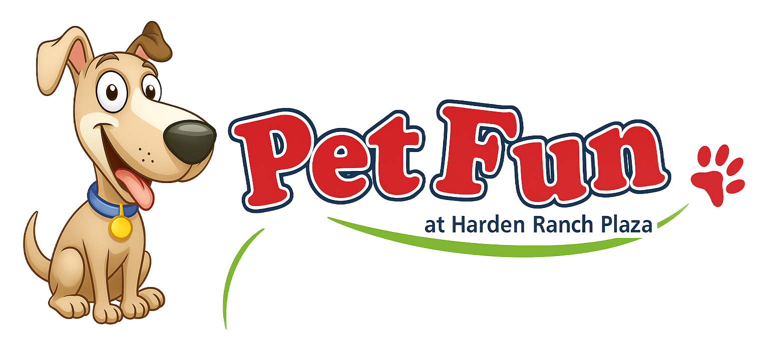 Cartoon dog sits beside "Pet Fun" logo; paw prints on a light tan background.  "at Harden Ranch Plaza" below the title.