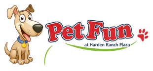 Cartoon dog sits beside "Pet Fun" logo; paw prints on a light tan background.  "at Harden Ranch Plaza" below the title.