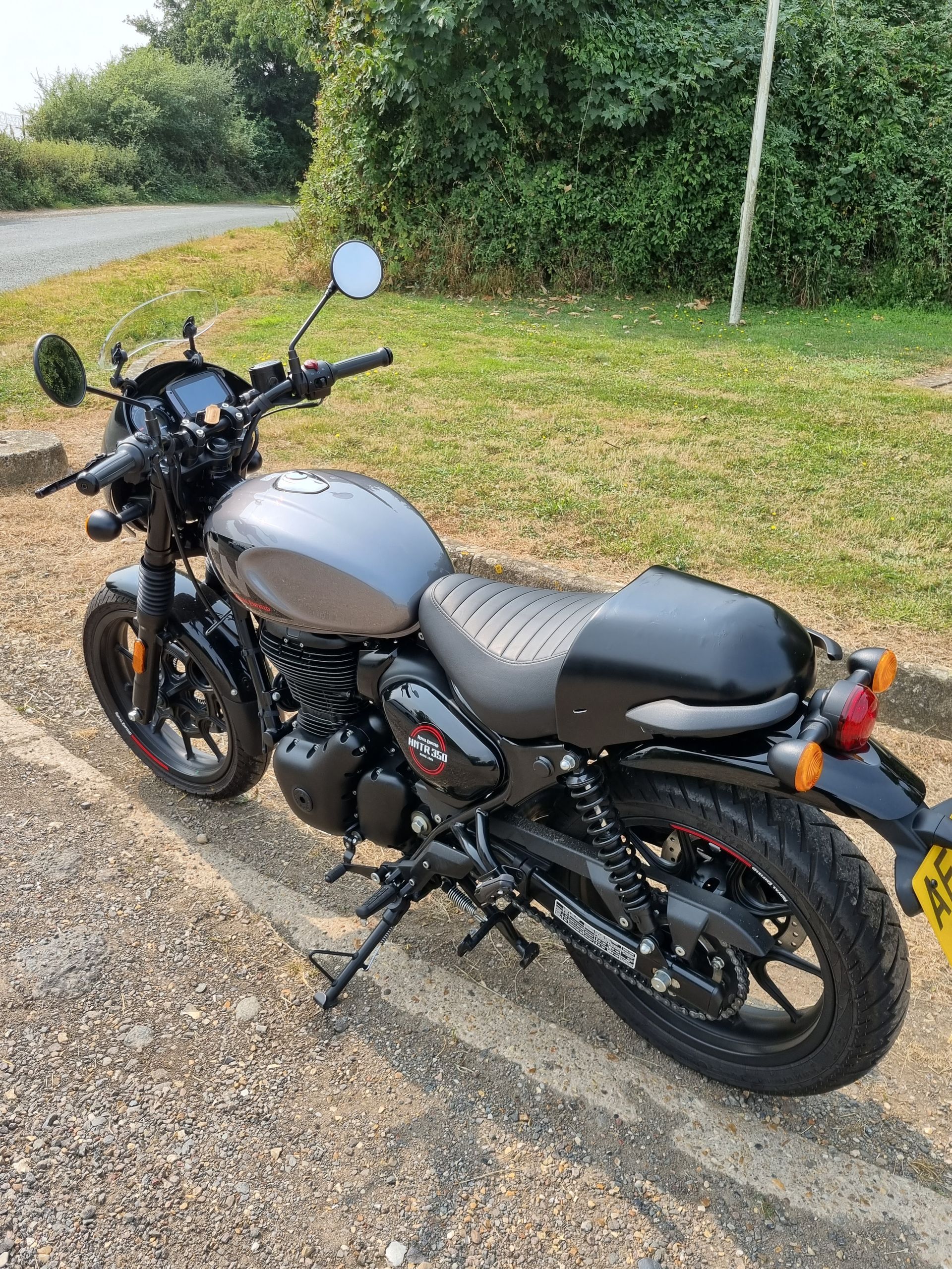 Royal Enfield Hunter with handlebar fairing and seat cowl.