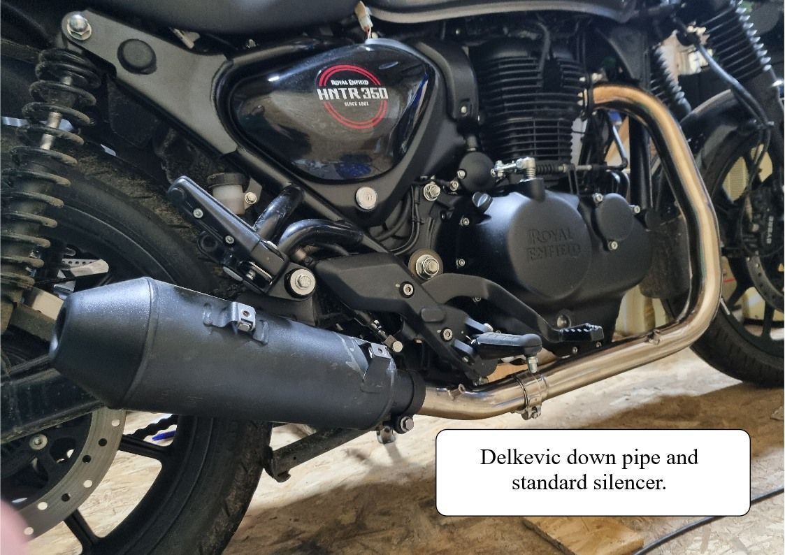 Standard silencer fitted to Delkevic downpipe Royal Enfield Hunter 350