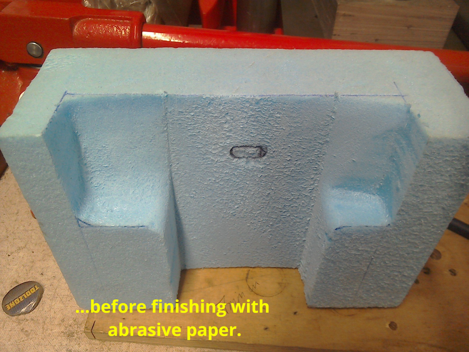 Foam shape finished with abrasive paper