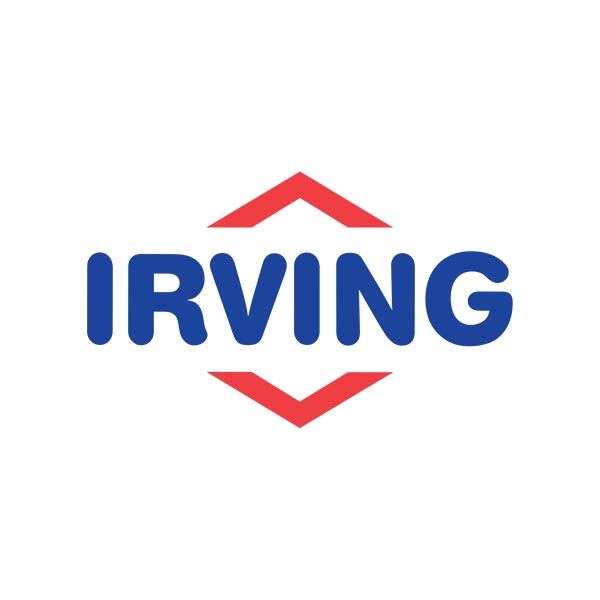 A blue and red logo for irving on a white background