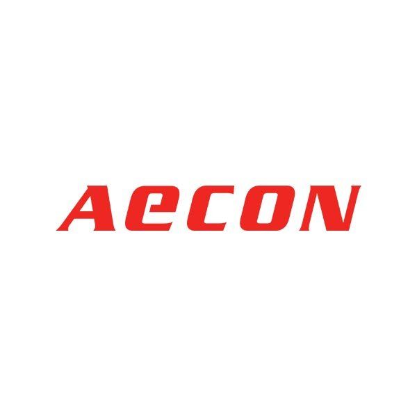 A red and white logo for accon on a white background