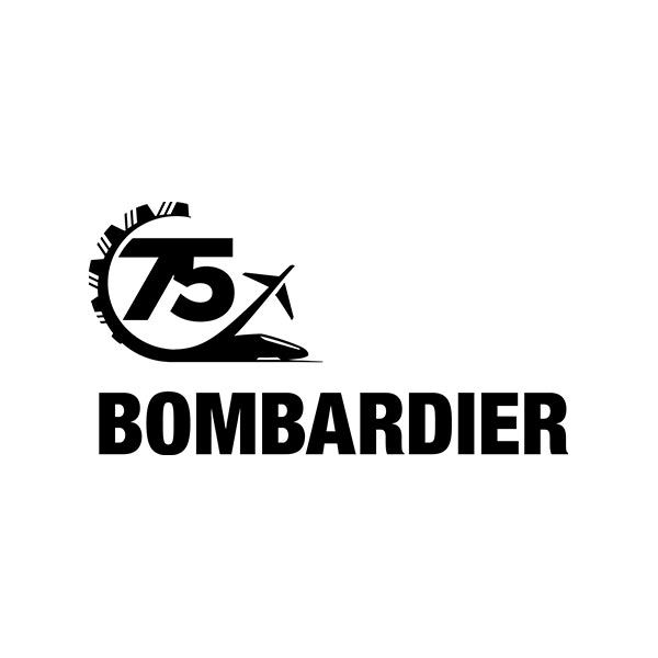 A black and white logo for bombardier on a white background.