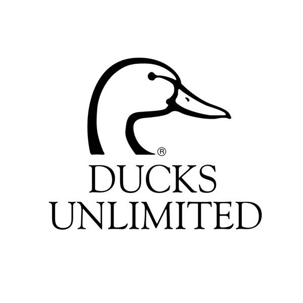 A black and white logo for ducks unlimited with a duck head.