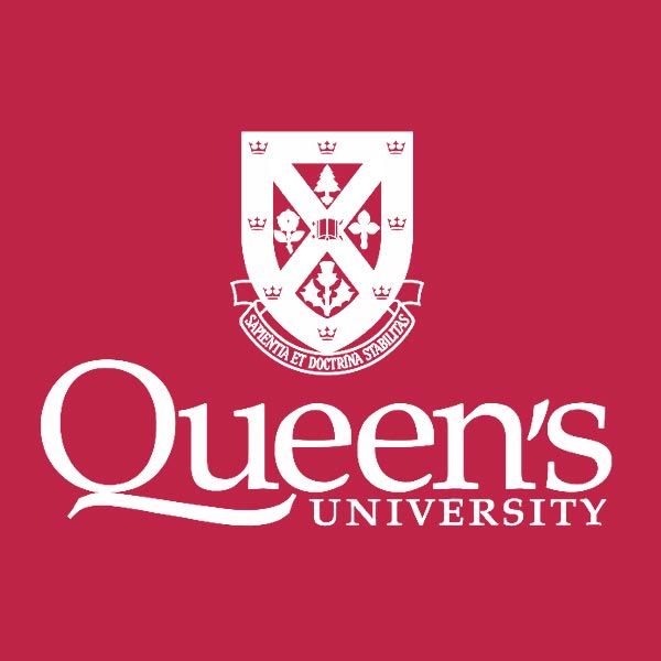 Queen 's university logo on a red background