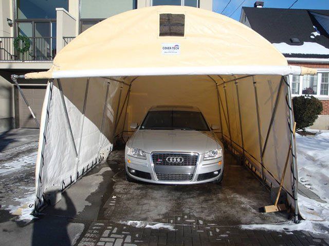 COVER-TECH INC. SINGLE CAR PORTABLE GARAGE SHELTER WITH FABRIC ROLL UP DOOR TOLL FREE: 1 888 325-5757