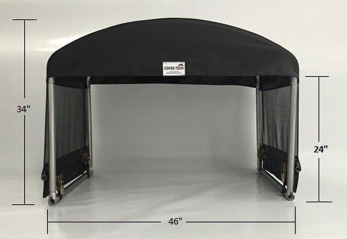A black canopy with measurements on a white surface