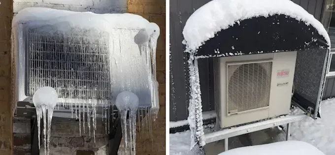 Two pictures of an air conditioner covered in snow.