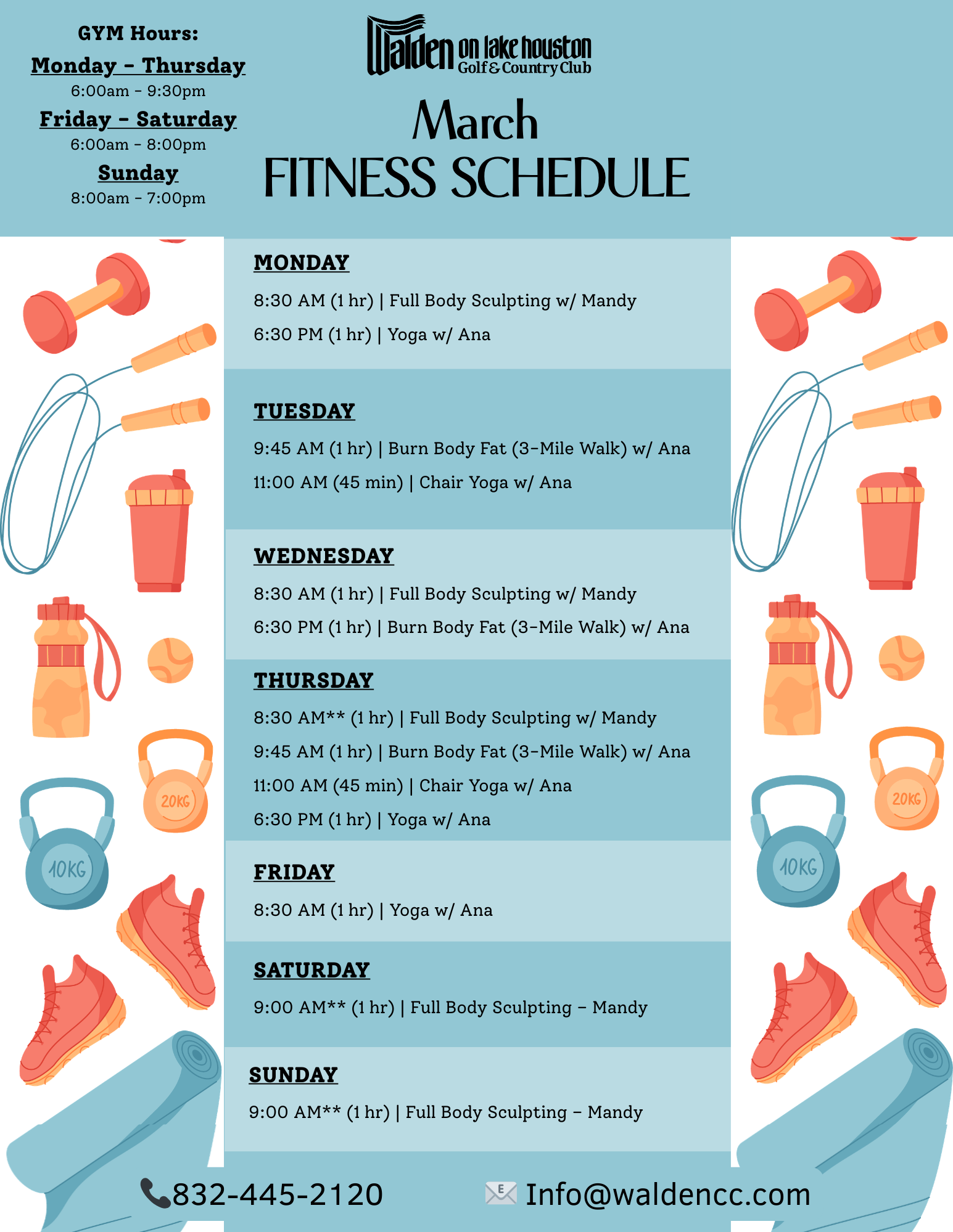 February fitness schedule: gym hours, class schedule, and contact info.