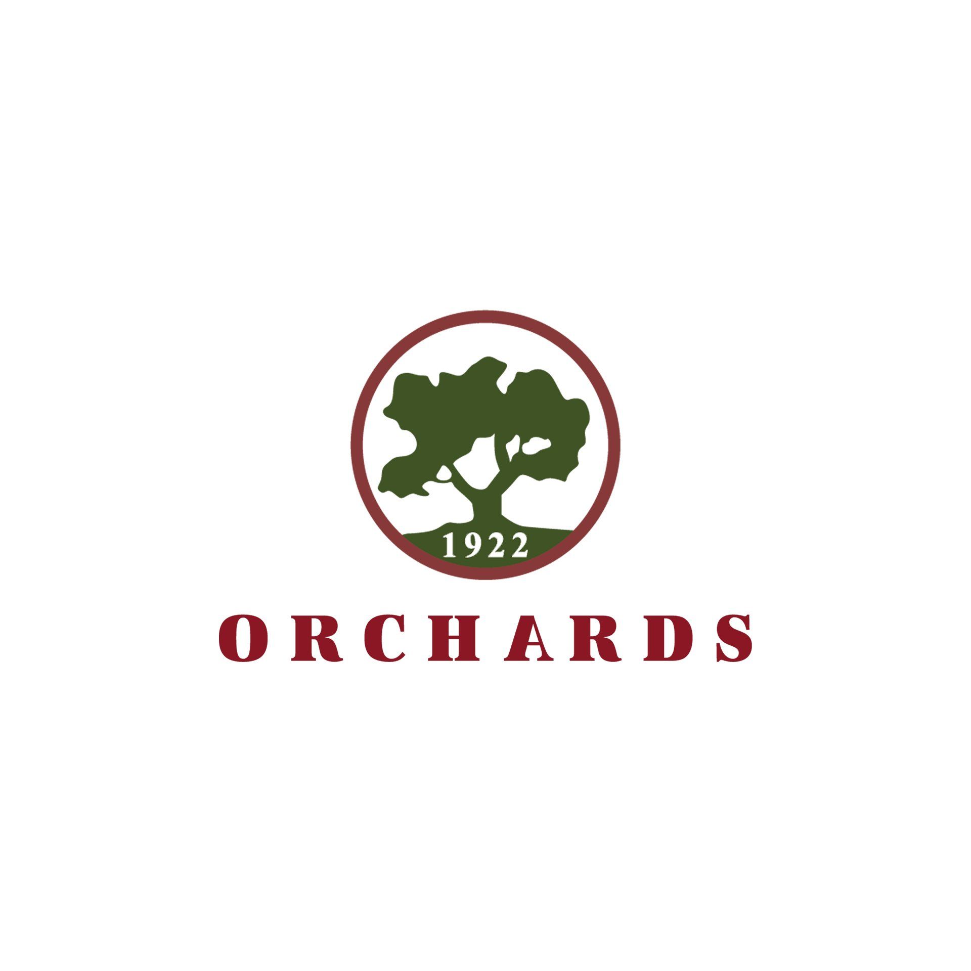 Logo for Orchards, featuring a green tree within a maroon circle; 