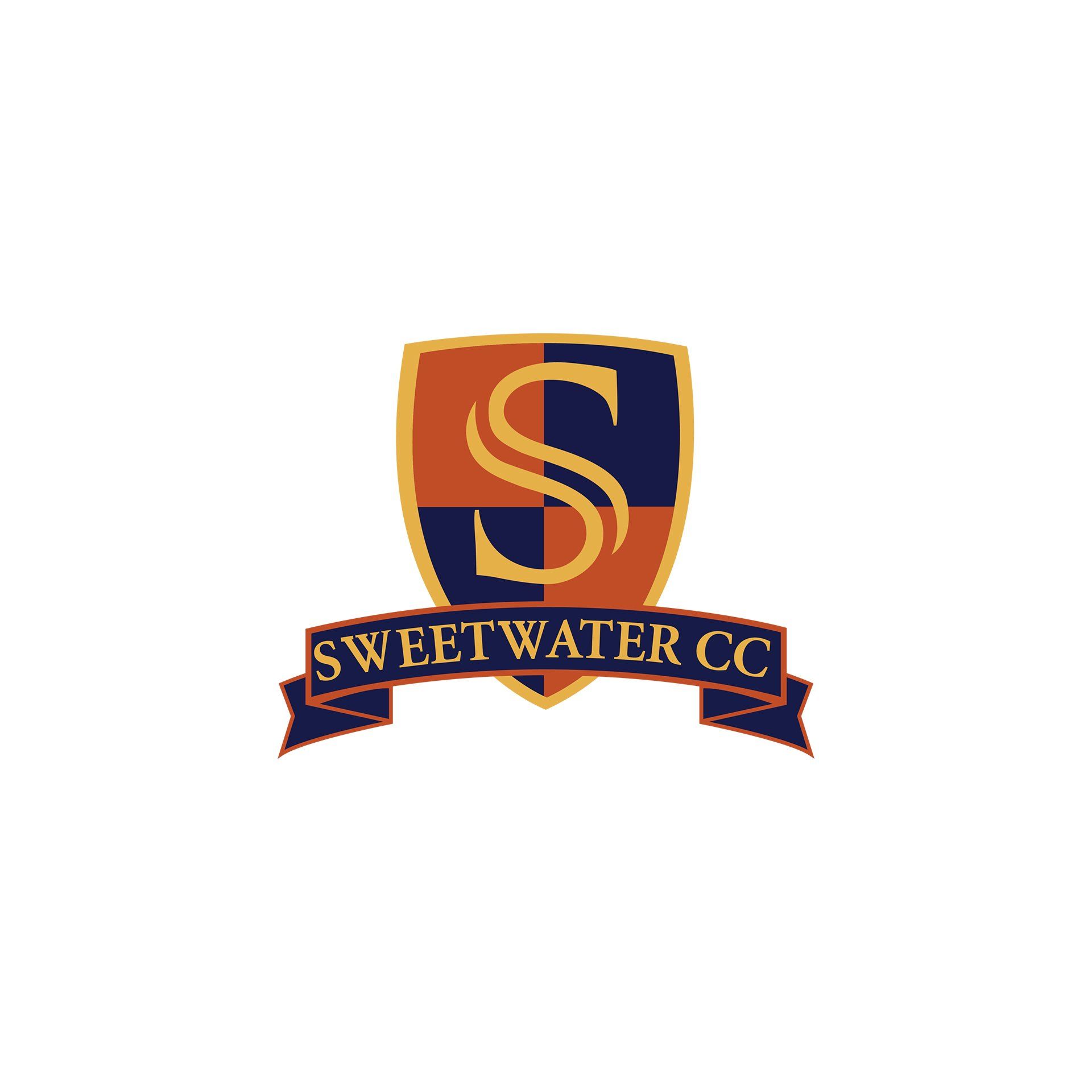 Sweetwater CC logo: Shield with 'S' over checkered background, banner reads 