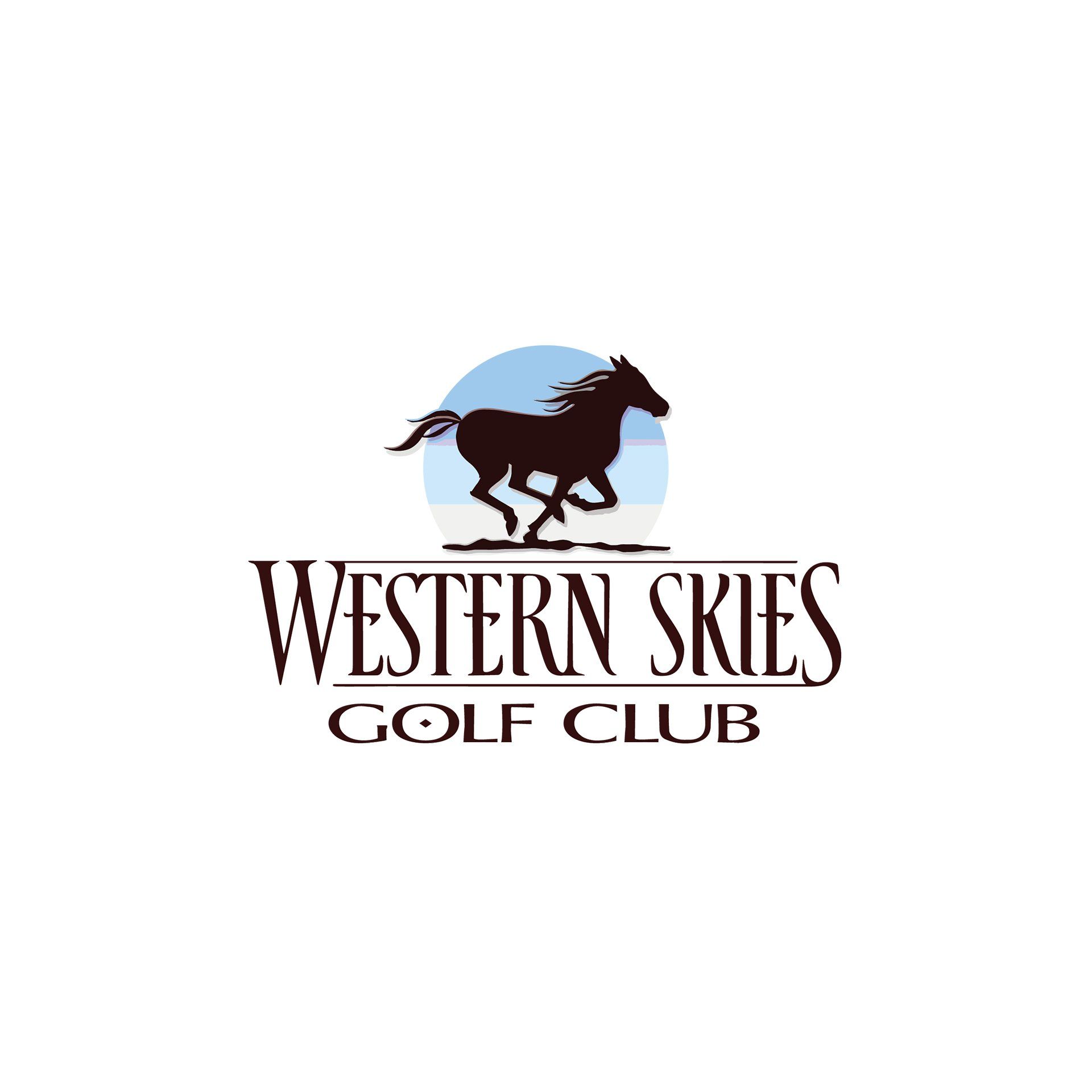 Logo for Western Skies Golf Club: a running horse silhouette over a light blue circle, with text below in dark brown.