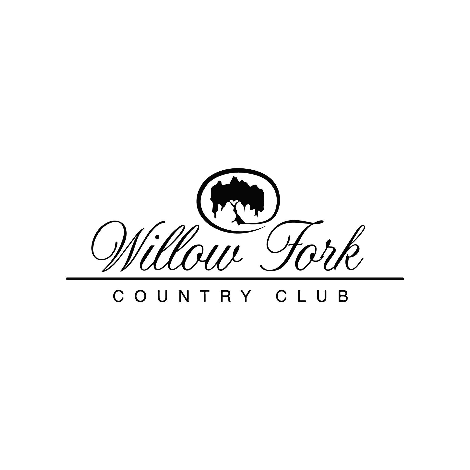 Logo for Willow Fork Country Club: Oval tree icon above cursive 