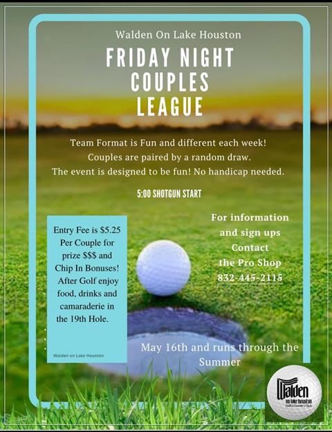 Friday Night Couples Golf League at Walden. Information flyer with golf ball, course image, text on event details.