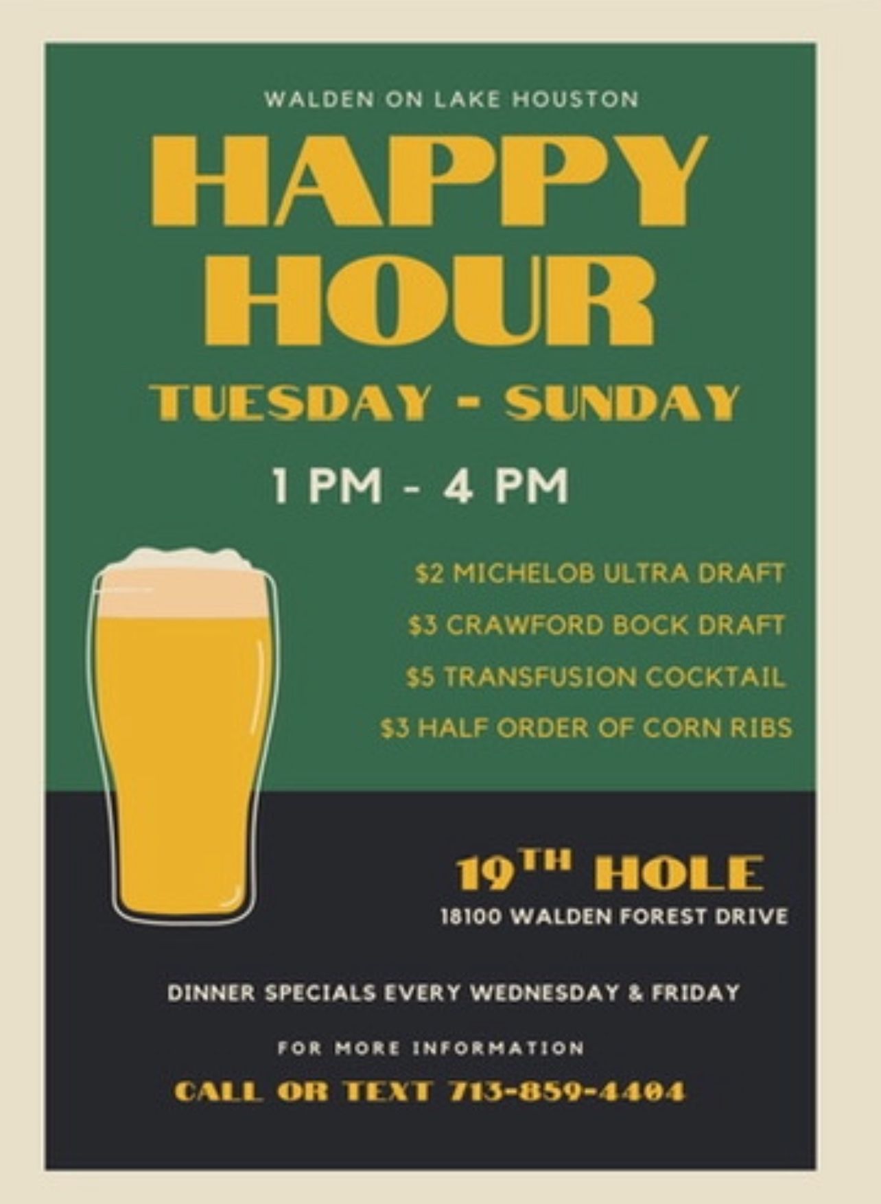 Happy hour flyer for 19th Hole at Walden on Lake Houston. Offers: drafts, cocktails, and ribs from 1 PM-4 PM, Tues-Sun.