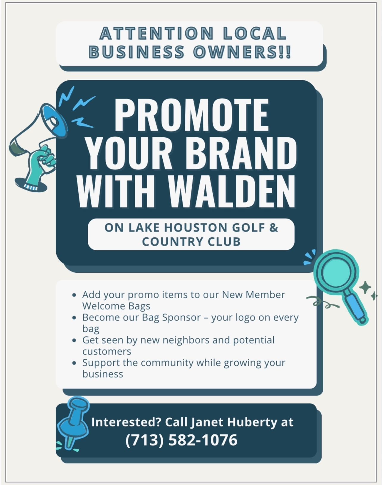 Advertisement for local businesses to promote their brand at Walden on Lake Houston Golf & Country Club.