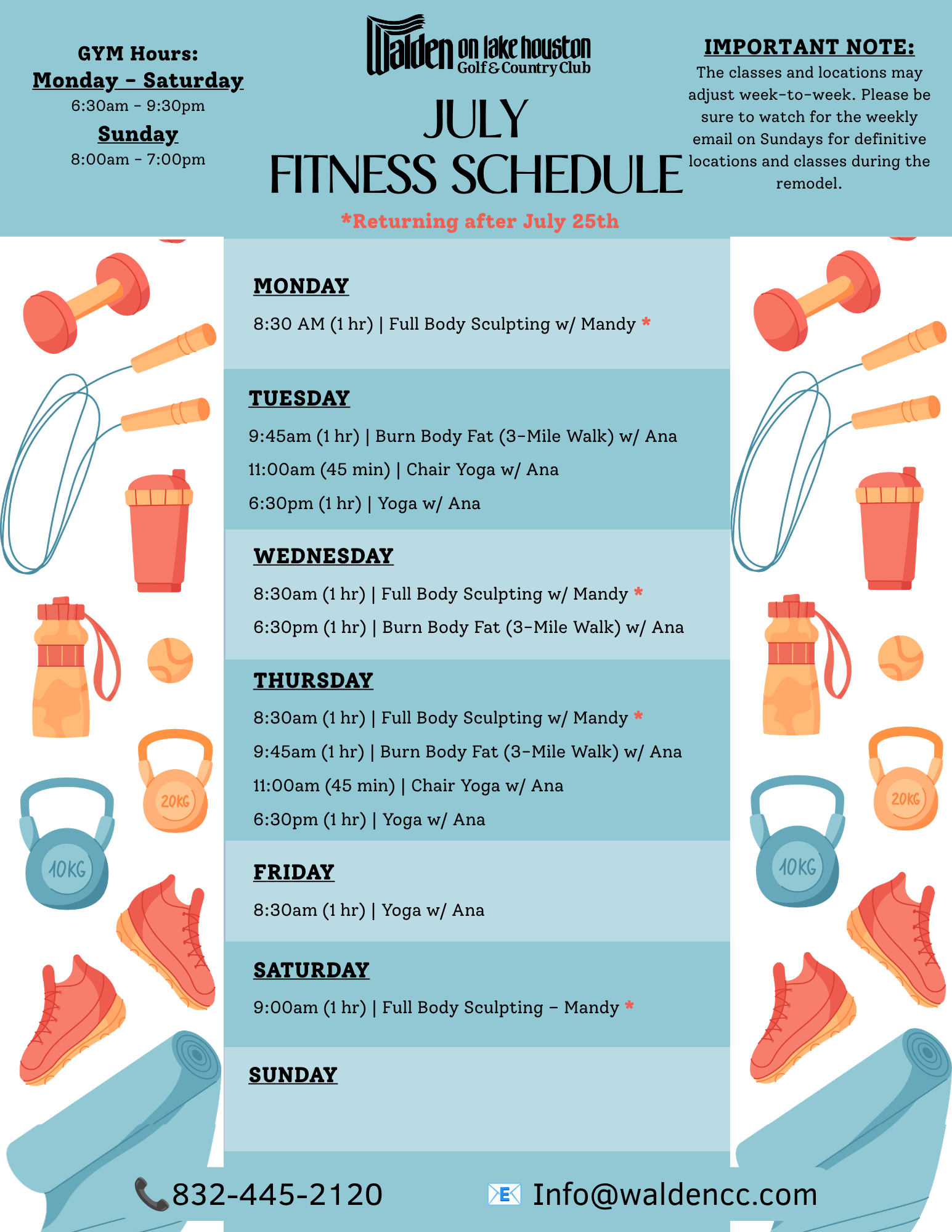 February fitness schedule: gym hours, class schedule, and contact info.
