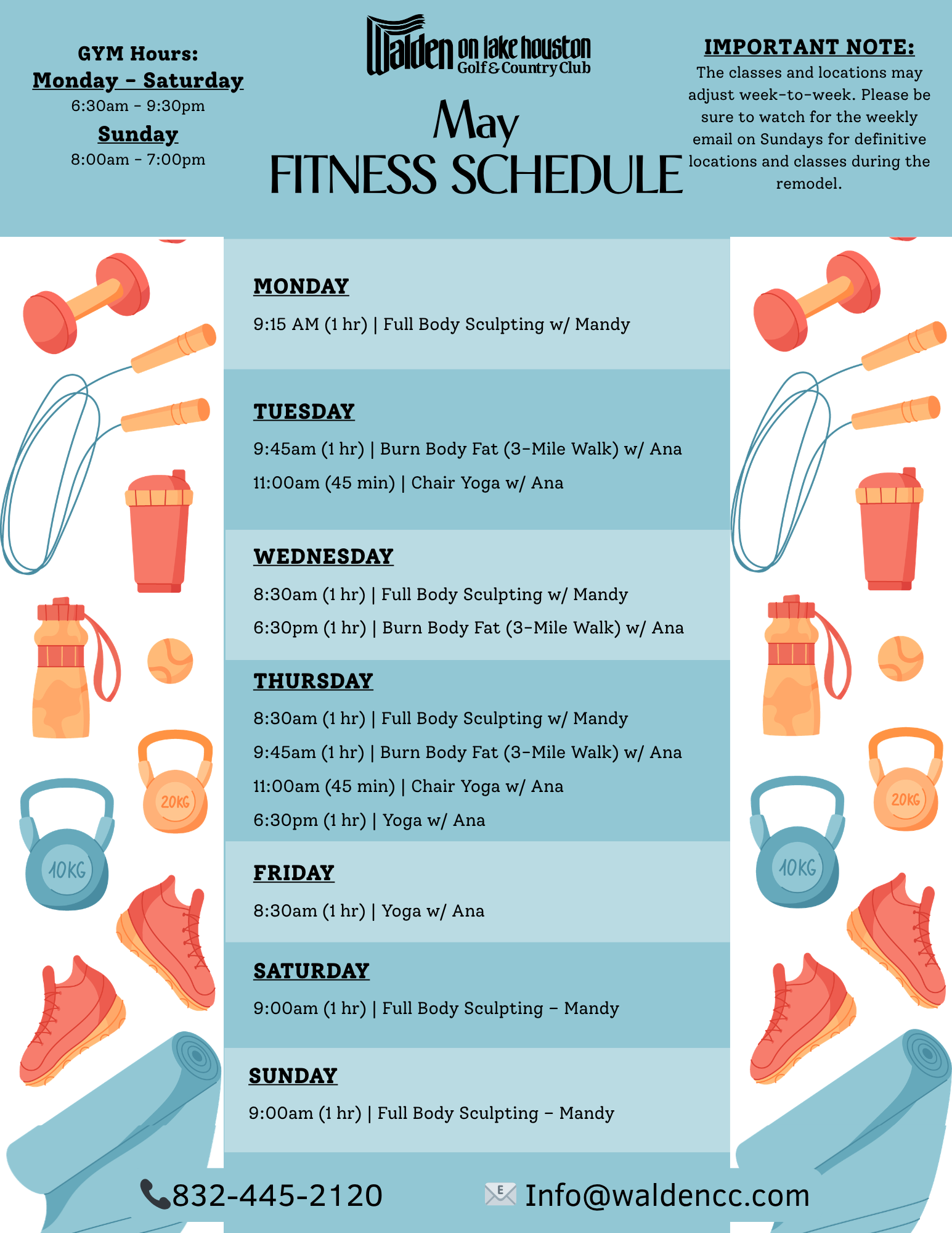 February fitness schedule: gym hours, class schedule, and contact info.