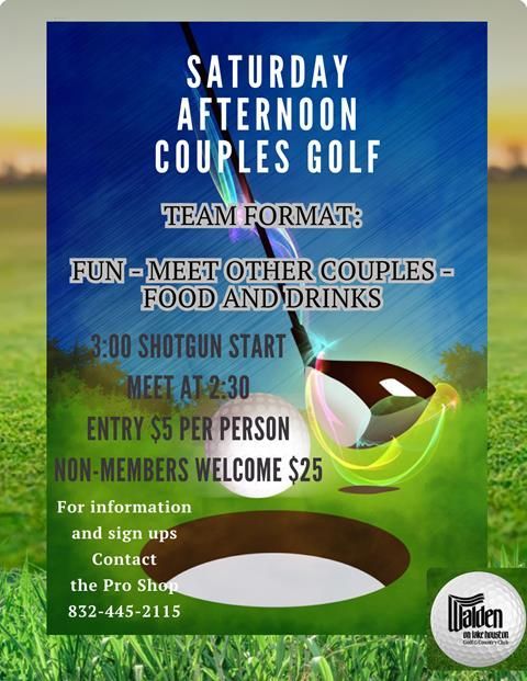 Poster for Saturday Afternoon Couples Golf. Includes details about entry fee, start time, and contact info.