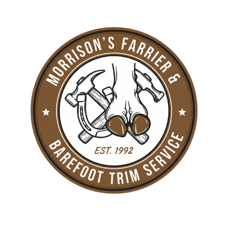 Morrison's Farrier & Barefoot Trim Service logo: Brown circle with tools, horse hoof, & text.