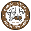 Morrison's Farrier & Barefoot Trim Service logo. Horse hoof, hammer, horseshoe. Brown and white circle. Est. 1992.