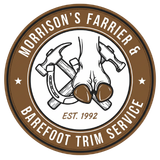 Morrison's Farrier & Barefoot Trim Service logo. Horse hoof, hammer, horseshoe. Brown and white circle. Est. 1992.