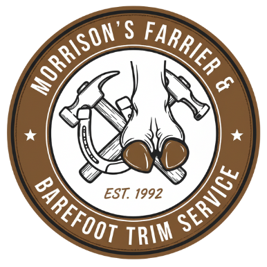 Morrison's Farrier & Barefoot Trim Service logo. Horse hoof, hammer, horseshoe. Brown and white circle. Est. 1992.