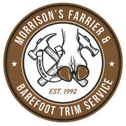 Morrison's Farrier & Barefoot Trim Service logo. Horse hoof, hammer, horseshoe. Brown and white circle. Est. 1992.